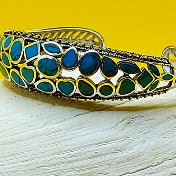 Natural Stabilized Blue Turquoise 7x5 mm & Marcasite 925 Sterling Silver Bangle - Picture 7 of 10